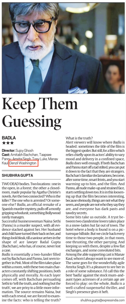 Badla - Movie Review Paper Cutting